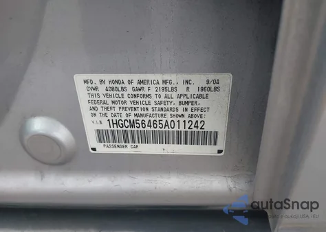 2005 Honda Accord 2.4 Lx z USA, uszkodzony, nr VIN 1HGCM56465A011242